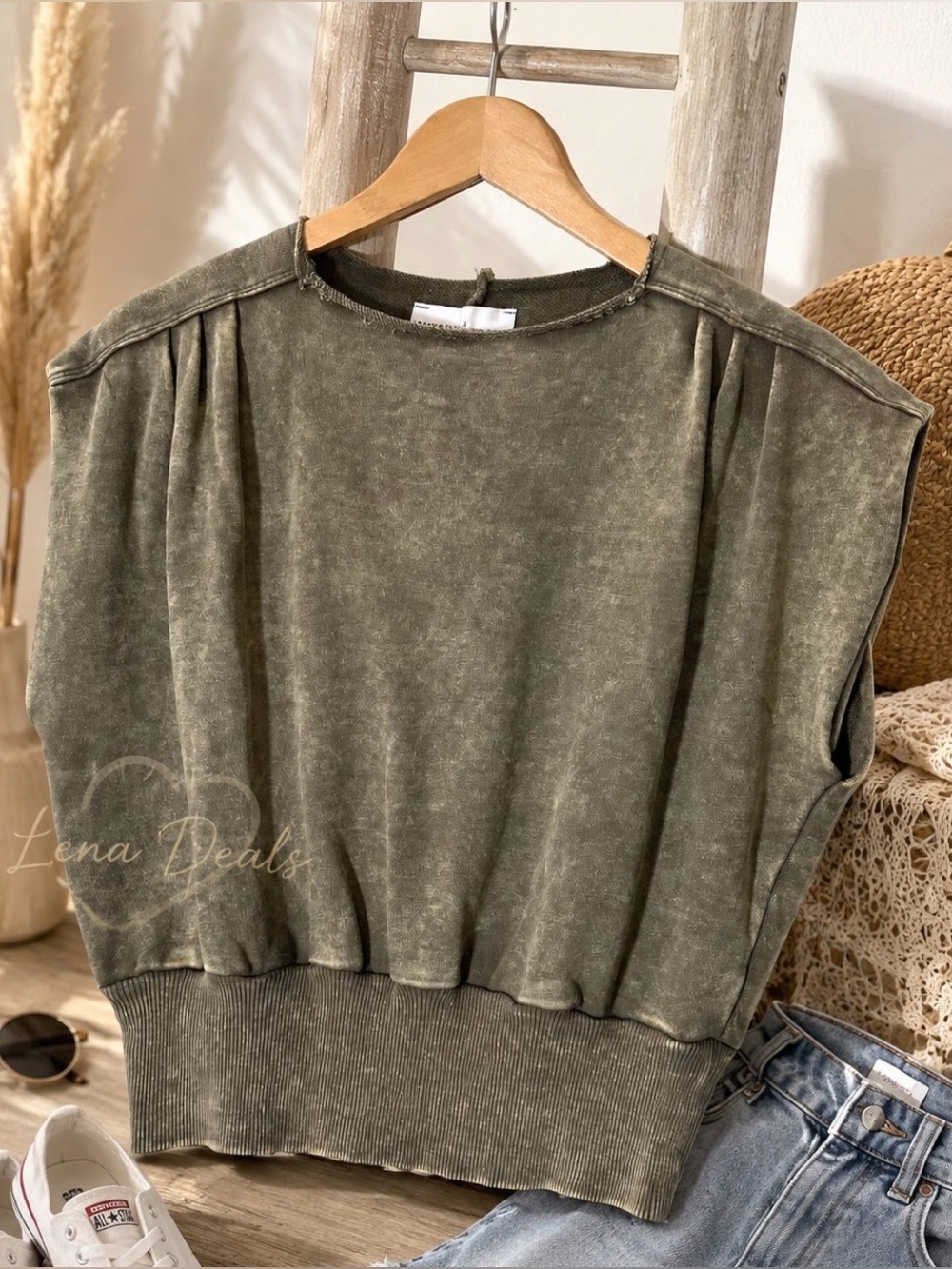 Zenana Outfitters Ash Mocca Acid Washed Muscle Tee with Shoulder Pleats